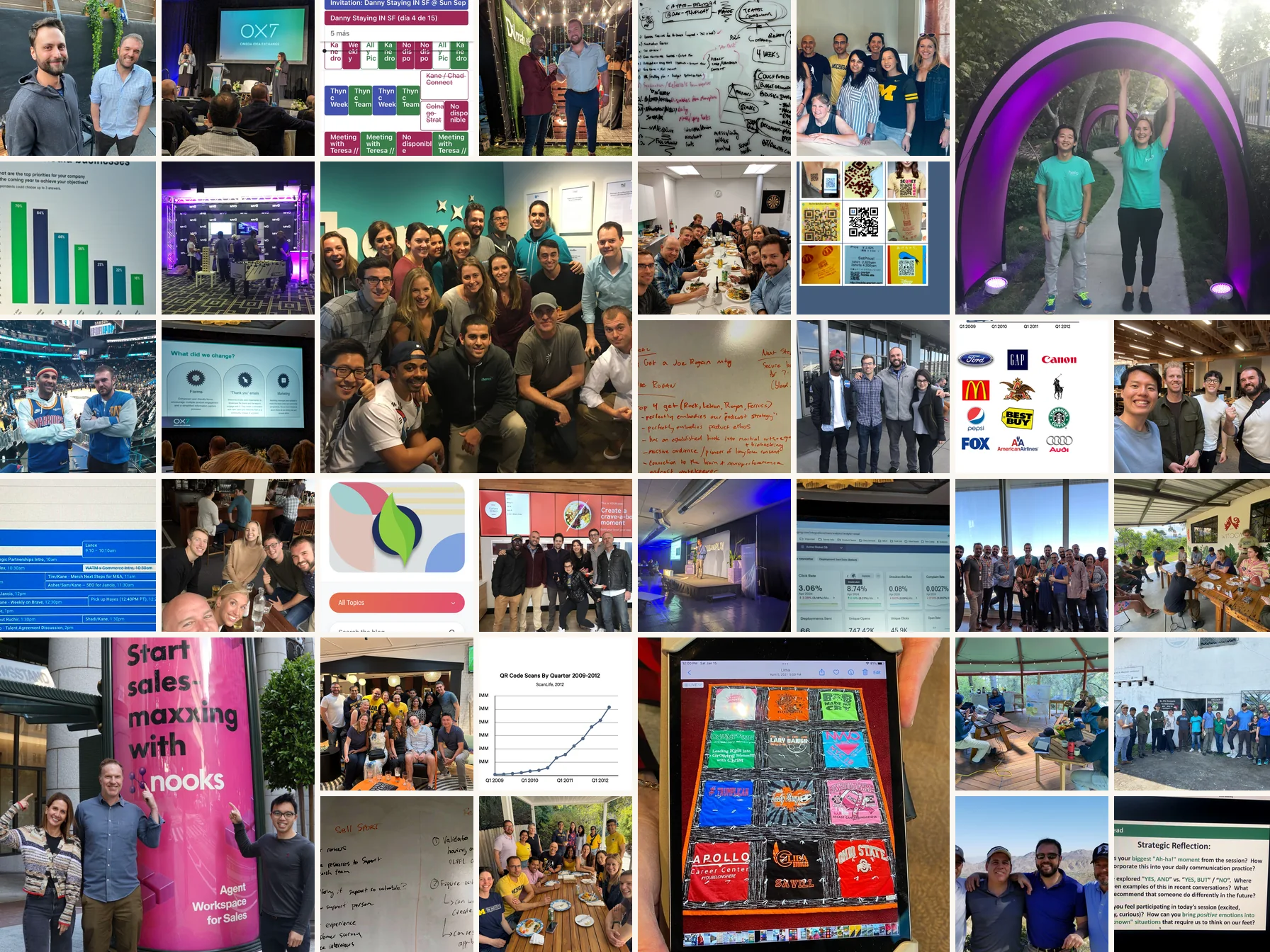 Collage of GTMSF operating experience: startup teams and founders at work, workshops and strategy sessions, community gatherings and industry events, product demonstrations, whiteboard planning, revenue dashboards, and published go-to-market work from more than two decades alongside founder-led startups.